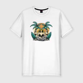 Мужская футболка хлопок Slim с принтом Череп и  серфинг в Курске, 92% хлопок, 8% лайкра | приталенный силуэт, круглый вырез ворота, длина до линии бедра, короткий рукав | жара | лето | море | пальма | пальмы | серфинг | скелет | череп