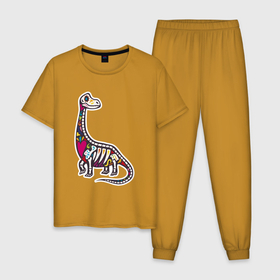 Мужская пижама хлопок с принтом Разноцветный скелет динозавра в Петрозаводске, 100% хлопок | брюки и футболка прямого кроя, без карманов, на брюках мягкая резинка на поясе и по низу штанин
 | Тематика изображения на принте: trex | дино | динозавр | динозаврик | скелет | скелет динозавтра