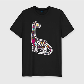 Мужская футболка хлопок Slim с принтом Разноцветный скелет динозавра в Петрозаводске, 92% хлопок, 8% лайкра | приталенный силуэт, круглый вырез ворота, длина до линии бедра, короткий рукав | trex | дино | динозавр | динозаврик | скелет | скелет динозавтра