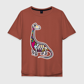 Мужская футболка хлопок Oversize с принтом Разноцветный скелет динозавра в Петрозаводске, 100% хлопок | свободный крой, круглый ворот, “спинка” длиннее передней части | Тематика изображения на принте: trex | дино | динозавр | динозаврик | скелет | скелет динозавтра