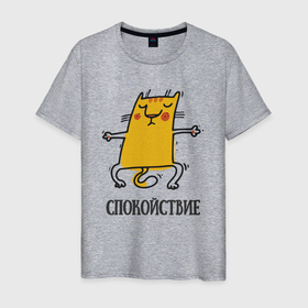 Мужская футболка хлопок с принтом Спокойствие. Спокойный кот в Тюмени, 100% хлопок | прямой крой, круглый вырез горловины, длина до линии бедер, слегка спущенное плечо. | йога | кот | котенок | котик | кошка | релакс | спокойный | спокойствие