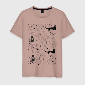 Мужская футболка хлопок с принтом Cats   Pattern в Екатеринбурге, 100% хлопок | прямой крой, круглый вырез горловины, длина до линии бедер, слегка спущенное плечо. | cat | kitten | moustache | pattern | paws | tail | кот | котёнок | кошка | лапы | узор | усы | хвост