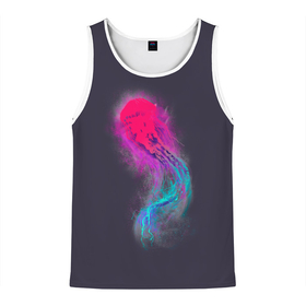 Мужская майка 3D с принтом Медуза. Градиент. Неон в Тюмени, 100% полиэстер | круглая горловина, приталенный силуэт, длина до линии бедра. Пройма и горловина окантованы тонкой бейкой | colors | dust | fog | glow | gradient | jellyfish | light | neon | ocean | paints | sea | градиент | краски | медуза | море | неон | океан | пыль | свет | свечение | туман | цвета