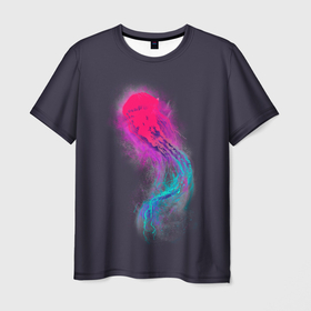 Мужская футболка 3D с принтом Медуза. Градиент. Неон в Петрозаводске, 100% полиэфир | прямой крой, круглый вырез горловины, длина до линии бедер | colors | dust | fog | glow | gradient | jellyfish | light | neon | ocean | paints | sea | градиент | краски | медуза | море | неон | океан | пыль | свет | свечение | туман | цвета