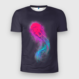 Мужская футболка 3D Slim с принтом Медуза. Градиент. Неон в Петрозаводске, 100% полиэстер с улучшенными характеристиками | приталенный силуэт, круглая горловина, широкие плечи, сужается к линии бедра | Тематика изображения на принте: colors | dust | fog | glow | gradient | jellyfish | light | neon | ocean | paints | sea | градиент | краски | медуза | море | неон | океан | пыль | свет | свечение | туман | цвета