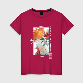 Женская футболка хлопок с принтом Эмма в розах Обещанная страна грёз в Кировске, 100% хлопок | прямой крой, круглый вырез горловины, длина до линии бедер, слегка спущенное плечо | anime | the promised neverland | yakusoku no neverland | аниме | анимэ | обещанная страна грёз