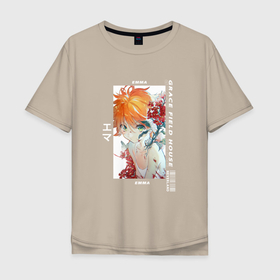Мужская футболка хлопок Oversize с принтом Эмма в розах , 100% хлопок | свободный крой, круглый ворот, “спинка” длиннее передней части | Тематика изображения на принте: anime | the promised neverland | yakusoku no neverland | аниме | анимэ | обещанная страна грёз