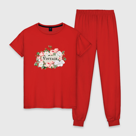 Женская пижама хлопок с принтом Vintage roses , 100% хлопок | брюки и футболка прямого кроя, без карманов, на брюках мягкая резинка на поясе и по низу штанин | винтаж | винтажные розы | роза | розовые цветы | розы | цветы