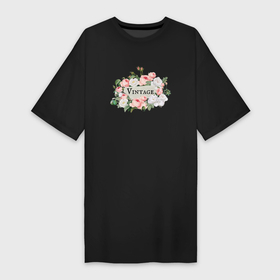 Платье-футболка хлопок с принтом Vintage roses ,  |  | винтаж | винтажные розы | роза | розовые цветы | розы | цветы