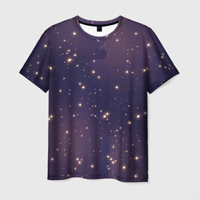 Мужская футболка 3D с принтом Звездное ночное небо. Галактика. Космос. в Новосибирске, 100% полиэфир | прямой крой, круглый вырез горловины, длина до линии бедер | блестки | вселенная | галактика | день космонавтики | желтый | звездное небо | звезды | звезды в космосе | звезды на небе | золото | золотой | космические просторы | космос | ночное небо | ночь | свет