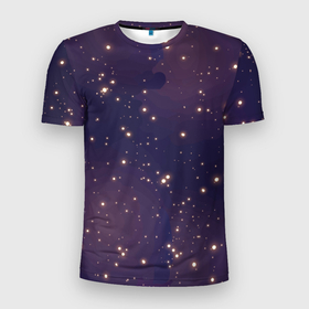 Мужская футболка 3D Slim с принтом Звездное ночное небо. Галактика. Космос. , 100% полиэстер с улучшенными характеристиками | приталенный силуэт, круглая горловина, широкие плечи, сужается к линии бедра | блестки | вселенная | галактика | день космонавтики | желтый | звездное небо | звезды | звезды в космосе | звезды на небе | золото | золотой | космические просторы | космос | ночное небо | ночь | свет