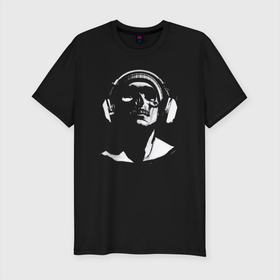 Мужская футболка хлопок Slim с принтом Вечный DJ в Екатеринбурге, 92% хлопок, 8% лайкра | приталенный силуэт, круглый вырез ворота, длина до линии бедра, короткий рукав | диджей | клуб | меломан | музыка | наушники | радио | скелет | череп