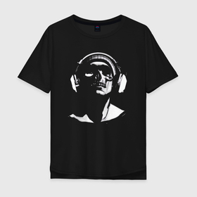 Мужская футболка хлопок Oversize с принтом Вечный DJ в Санкт-Петербурге, 100% хлопок | свободный крой, круглый ворот, “спинка” длиннее передней части | диджей | клуб | меломан | музыка | наушники | радио | скелет | череп