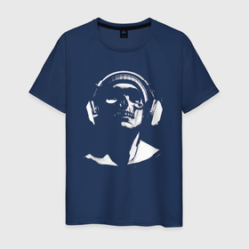 Мужская футболка хлопок с принтом Вечный DJ в Екатеринбурге, 100% хлопок | прямой крой, круглый вырез горловины, длина до линии бедер, слегка спущенное плечо. | диджей | клуб | меломан | музыка | наушники | радио | скелет | череп