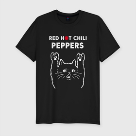 Мужская футболка хлопок Slim с принтом Red Hot Chili Peppers Рок кот в Курске, 92% хлопок, 8% лайкра | приталенный силуэт, круглый вырез ворота, длина до линии бедра, короткий рукав | chili | hot | music | peppers | red hot chili peppers | rock | музыка | ред хот чили пеперс | рок