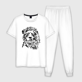Мужская пижама хлопок с принтом Lion   Graphics в Тюмени, 100% хлопок | брюки и футболка прямого кроя, без карманов, на брюках мягкая резинка на поясе и по низу штанин
 | beast | graphics | lion | mane | muzzle | predator | графика | грива | зверь | лев | хищник