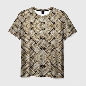 Мужская футболка 3D с принтом Джутовая плетенка 3D в Новосибирске, 100% полиэфир | прямой крой, круглый вырез горловины, длина до линии бедер | дерюга | дерюжка | джут | джутовый | кремовый | плетенка | плетеный