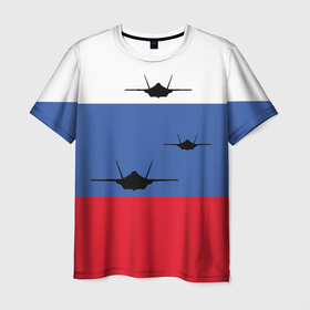 Мужская футболка 3D с принтом Триколор с самолетами , 100% полиэфир | прямой крой, круглый вырез горловины, длина до линии бедер | Тематика изображения на принте: раша | российский флаг | россия | рф | самолеты | триколор | федерация | флаг
