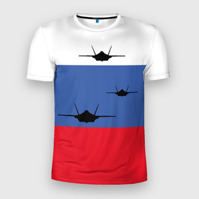 Мужская футболка 3D Slim с принтом Триколор с самолетами в Санкт-Петербурге, 100% полиэстер с улучшенными характеристиками | приталенный силуэт, круглая горловина, широкие плечи, сужается к линии бедра | раша | российский флаг | россия | рф | самолеты | триколор | федерация | флаг