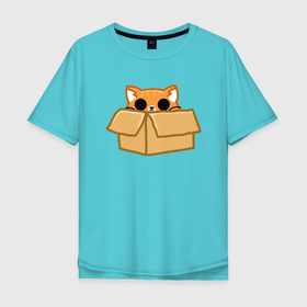 Мужская футболка хлопок Oversize с принтом Котик в коробке в Санкт-Петербурге, 100% хлопок | свободный крой, круглый ворот, “спинка” длиннее передней части | animal | beast | box | cat | cat in a box | pet | red cat | домашнее животное | животное | зверек | зверь | коробка | кот | кот в коробке | котик | котик в коробке | кошка | рыжий | рыжий котик