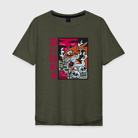 Мужская футболка хлопок Oversize с принтом Японский  тигр в Тюмени, 100% хлопок | свободный крой, круглый ворот, “спинка” длиннее передней части | Тематика изображения на принте: сакура | тигр | хищник | япония | японский