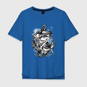 Мужская футболка хлопок Oversize с принтом Рыба и якорь в Петрозаводске, 100% хлопок | свободный крой, круглый ворот, “спинка” длиннее передней части | Тематика изображения на принте: море | морская | океан | рыба | рыбалка | якорь