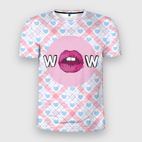 Мужская футболка 3D Slim с принтом Wow  Губы в Новосибирске, 100% полиэстер с улучшенными характеристиками | приталенный силуэт, круглая горловина, широкие плечи, сужается к линии бедра | Тематика изображения на принте: love | wow | губки | губы | поцелуй