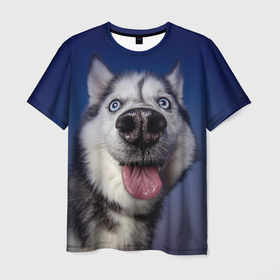 Мужская футболка 3D с принтом Хаски   Веселый собакен в Санкт-Петербурге, 100% полиэфир | прямой крой, круглый вырез горловины, длина до линии бедер | handeyework | арт | веселые | волк | животные | нос | нюх | прикольные | смех | смешные | собаки | собка | улыбка | хаски