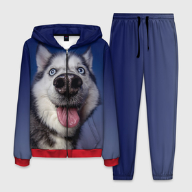 Мужской костюм 3D с принтом Хаски   Веселый собакен в Новосибирске, 100% полиэстер | Манжеты и пояс оформлены тканевой резинкой, двухслойный капюшон со шнурком для регулировки, карманы спереди | handeyework | арт | веселые | волк | животные | нос | нюх | прикольные | смех | смешные | собаки | собка | улыбка | хаски