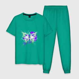 Мужская пижама хлопок с принтом Неоновая зелено фиолетовая бабочка , 100% хлопок | брюки и футболка прямого кроя, без карманов, на брюках мягкая резинка на поясе и по низу штанин
 | акварель | акварельный рисунок | бабочка | белый | дым | дымка | зеленый | неоновая акварель | неоновый принт | огонь | разводы | светящийся принт | фиолетовый