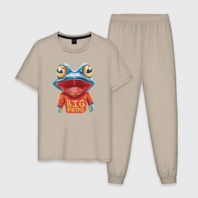Мужская пижама хлопок с принтом Большая лягушка в Санкт-Петербурге, 100% хлопок | брюки и футболка прямого кроя, без карманов, на брюках мягкая резинка на поясе и по низу штанин
 | амфибия | большая лягушка | животное | забавный | иллюстрация | лягушка