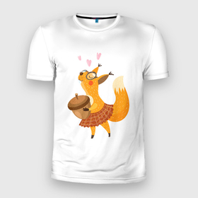 Мужская футболка 3D Slim с принтом Мультяшная белка с орешком в Санкт-Петербурге, 100% полиэстер с улучшенными характеристиками | приталенный силуэт, круглая горловина, широкие плечи, сужается к линии бедра | белка | день рождения | день святого валентина | животные | любовь | орех | персонаж | пушистый | рыжий