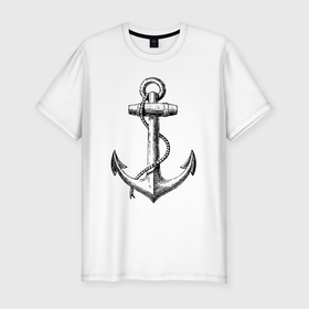 Мужская футболка хлопок Slim с принтом Корабельный якорь в Петрозаводске, 92% хлопок, 8% лайкра | приталенный силуэт, круглый вырез ворота, длина до линии бедра, короткий рукав | anchor | metal | rope | symbol | канат | металл | символ | якорь