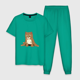 Мужская пижама хлопок с принтом Милый котёнок с зелёными глазами в Санкт-Петербурге, 100% хлопок | брюки и футболка прямого кроя, без карманов, на брюках мягкая резинка на поясе и по низу штанин
 | животное | кот | кот с зелёными глазками | котёнок | рыжий кот