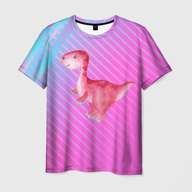 Мужская футболка 3D с принтом Розовый   динозаврик в Петрозаводске, 100% полиэфир | прямой крой, круглый вырез горловины, длина до линии бедер | Тематика изображения на принте: trex | дино | динозавр | динозаврик | тирекс
