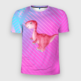 Мужская футболка 3D Slim с принтом Розовый   динозаврик в Екатеринбурге, 100% полиэстер с улучшенными характеристиками | приталенный силуэт, круглая горловина, широкие плечи, сужается к линии бедра | Тематика изображения на принте: trex | дино | динозавр | динозаврик | тирекс