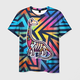 Мужская футболка 3D с принтом Разноцветный скелет  динозавра в Кировске, 100% полиэфир | прямой крой, круглый вырез горловины, длина до линии бедер | trex | дино | динозавр | динозаврик | скелет | скелет динозавтра