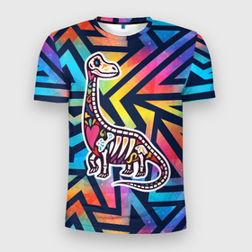 Мужская футболка 3D Slim с принтом Разноцветный скелет  динозавра в Белгороде, 100% полиэстер с улучшенными характеристиками | приталенный силуэт, круглая горловина, широкие плечи, сужается к линии бедра | trex | дино | динозавр | динозаврик | скелет | скелет динозавтра