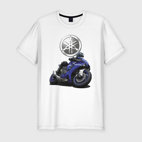 Мужская футболка хлопок Slim с принтом Yamaha   Racing team , 92% хлопок, 8% лайкра | приталенный силуэт, круглый вырез ворота, длина до линии бедра, короткий рукав | motorcycle | racing | speed | team | yamaha | гонка | мотоцикл | скорость | ямаха