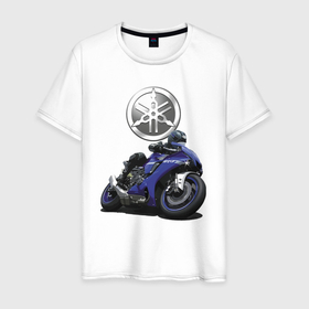 Мужская футболка хлопок с принтом Yamaha   Racing team в Екатеринбурге, 100% хлопок | прямой крой, круглый вырез горловины, длина до линии бедер, слегка спущенное плечо. | Тематика изображения на принте: motorcycle | racing | speed | team | yamaha | гонка | мотоцикл | скорость | ямаха