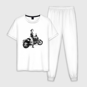 Мужская пижама хлопок с принтом Японская девушка на мотоцикле в Петрозаводске, 100% хлопок | брюки и футболка прямого кроя, без карманов, на брюках мягкая резинка на поясе и по низу штанин
 | eyes | girl | japan | motocycle | глаза | девушка | мотоцикл | япония