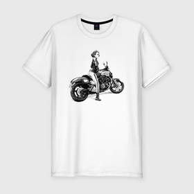 Мужская футболка хлопок Slim с принтом Японская девушка на мотоцикле в Кировске, 92% хлопок, 8% лайкра | приталенный силуэт, круглый вырез ворота, длина до линии бедра, короткий рукав | Тематика изображения на принте: eyes | girl | japan | motocycle | глаза | девушка | мотоцикл | япония