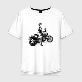 Мужская футболка хлопок Oversize с принтом Японская девушка на мотоцикле в Петрозаводске, 100% хлопок | свободный крой, круглый ворот, “спинка” длиннее передней части | eyes | girl | japan | motocycle | глаза | девушка | мотоцикл | япония