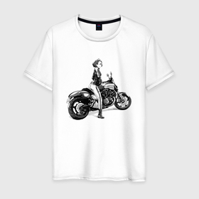 Мужская футболка хлопок с принтом Японская девушка на мотоцикле в Кировске, 100% хлопок | прямой крой, круглый вырез горловины, длина до линии бедер, слегка спущенное плечо. | Тематика изображения на принте: eyes | girl | japan | motocycle | глаза | девушка | мотоцикл | япония