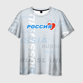 Мужская футболка 3D с принтом Россия   на разных языках мира в Тюмени, 100% полиэфир | прямой крой, круглый вырез горловины, длина до линии бедер | russia | надписи на разных языках | про россию | россия | сердечко | я люблю россию | языки мира