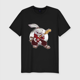 Мужская футболка хлопок Slim с принтом Rabbit Rocker в Курске, 92% хлопок, 8% лайкра | приталенный силуэт, круглый вырез ворота, длина до линии бедра, короткий рукав | Тематика изображения на принте: art | bunny | guitar | hare | music | rabbit | rock | арт | гитара | зайчик | заяц | кролик | музыка | рок