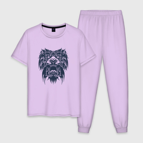 Мужская пижама хлопок с принтом Черный лев тату в Петрозаводске, 100% хлопок | брюки и футболка прямого кроя, без карманов, на брюках мягкая резинка на поясе и по низу штанин
 | lion | животное | клыки | кот | кошка | лев | львы