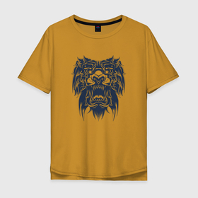 Мужская футболка хлопок Oversize с принтом Черный лев тату в Санкт-Петербурге, 100% хлопок | свободный крой, круглый ворот, “спинка” длиннее передней части | lion | животное | клыки | кот | кошка | лев | львы