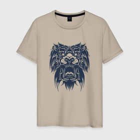 Мужская футболка хлопок с принтом Черный лев тату в Екатеринбурге, 100% хлопок | прямой крой, круглый вырез горловины, длина до линии бедер, слегка спущенное плечо. | Тематика изображения на принте: lion | животное | клыки | кот | кошка | лев | львы