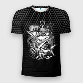 Мужская футболка 3D Slim с принтом Рыба  и якорь в Санкт-Петербурге, 100% полиэстер с улучшенными характеристиками | приталенный силуэт, круглая горловина, широкие плечи, сужается к линии бедра | Тематика изображения на принте: море | морская | океан | рыба | рыбалка | якорь